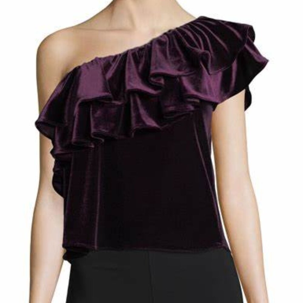 NWT Misa Los Angeles Plum Velvet Ruffle One Shoulder Top Size M MSRP $127